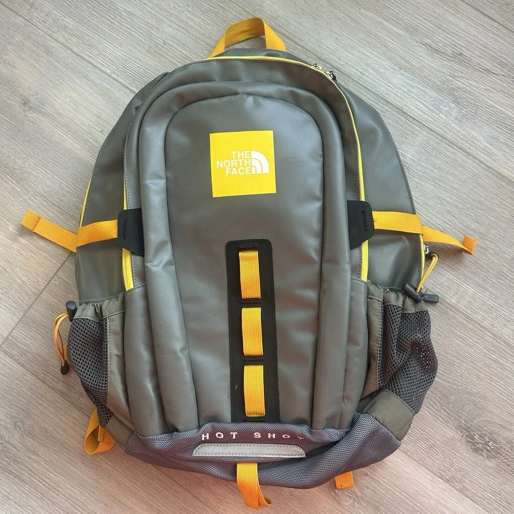 The North Face Hot Shot Backpack Book bag Travel Weekend School YELLOW/GREY